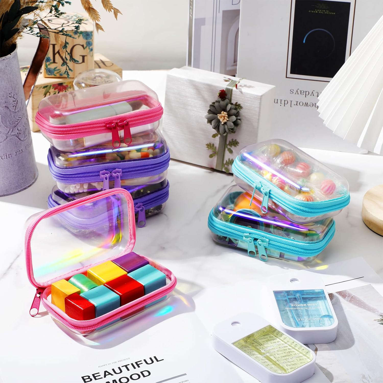 Sanwuta 6 Pcs Clear Hard Zipper Case Plastic Zipper Pouches Transparent Makeup Bag Pencil Case Pouches Toiletry Diaper Bag for Travel Toy Storage Organizer Bins(Holographic,5 x 3 x 2 Inch) - Image 6