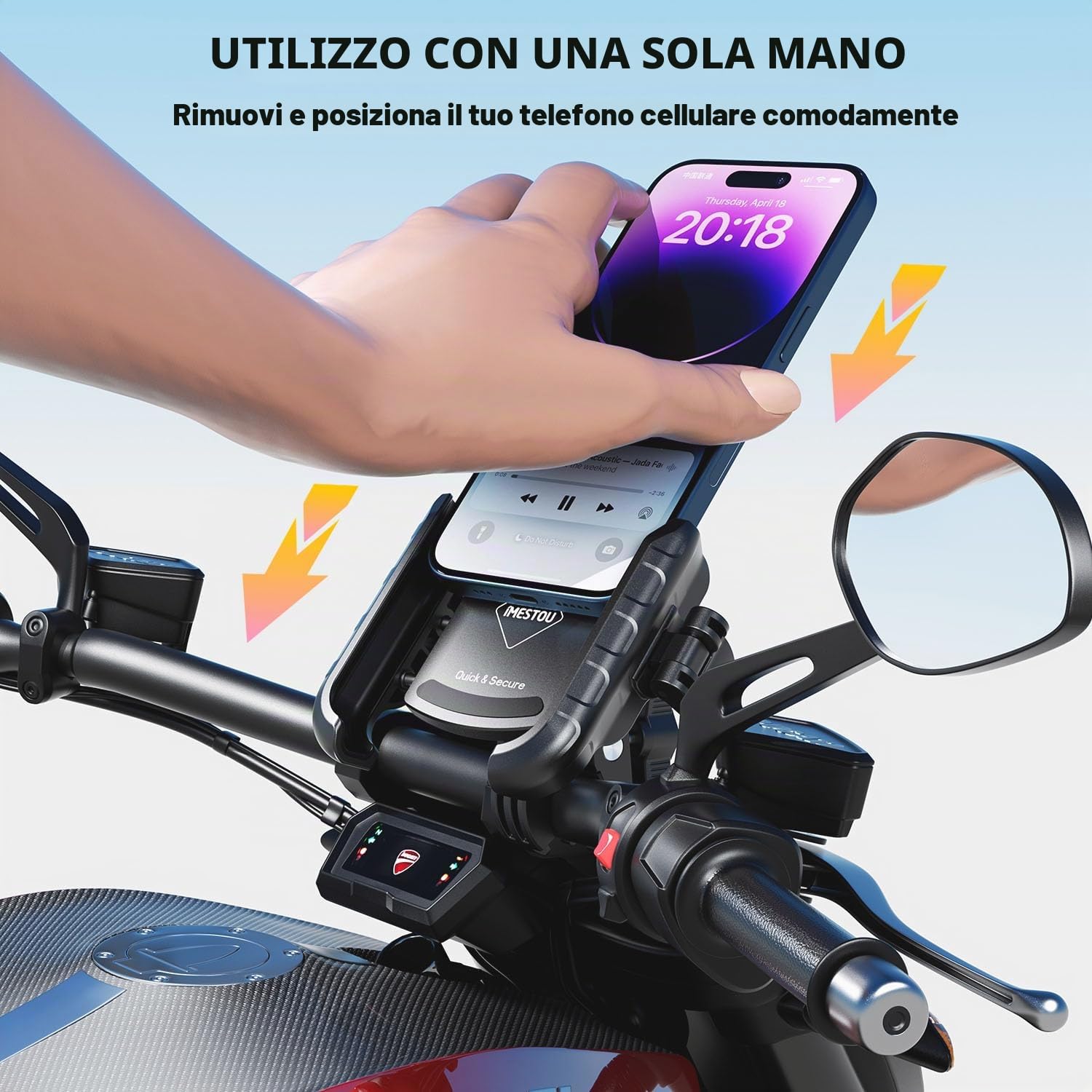 iMESTOU Supporto Cellulare Moto Antivibrazione, Supporto Universale Antivibrazione per Smartphone da 5,4"-7,2" Fino a 15 mm di Spessore, Sgancio Rapido, Adatto per Manubri di Moto e Bici da 12-45 mm
