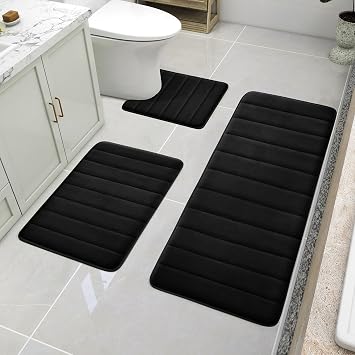 BYSURE Black Memory Foam Bath Mats Extra Long | Non Slip Extra Soft Absorbent Machine Washable Toilet Bathroom Rug Set 3 Piece 20"x32"+24"x44"+U Shape 20"x24"