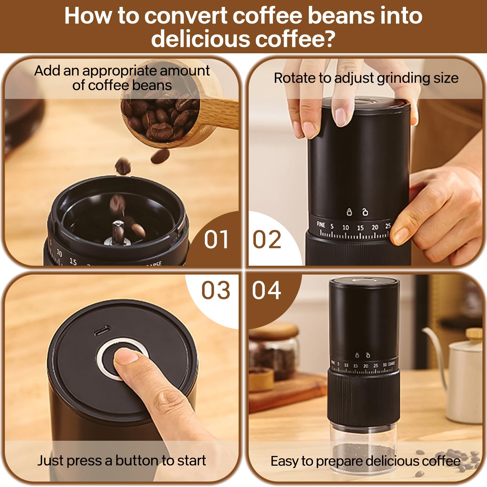 Moulin à café portable, petit moulin à café électrique avec 30 réglages, moulin à café rechargeable sans fil avec fraise conique en céramique et brosse de nettoyage pour voyage et camping