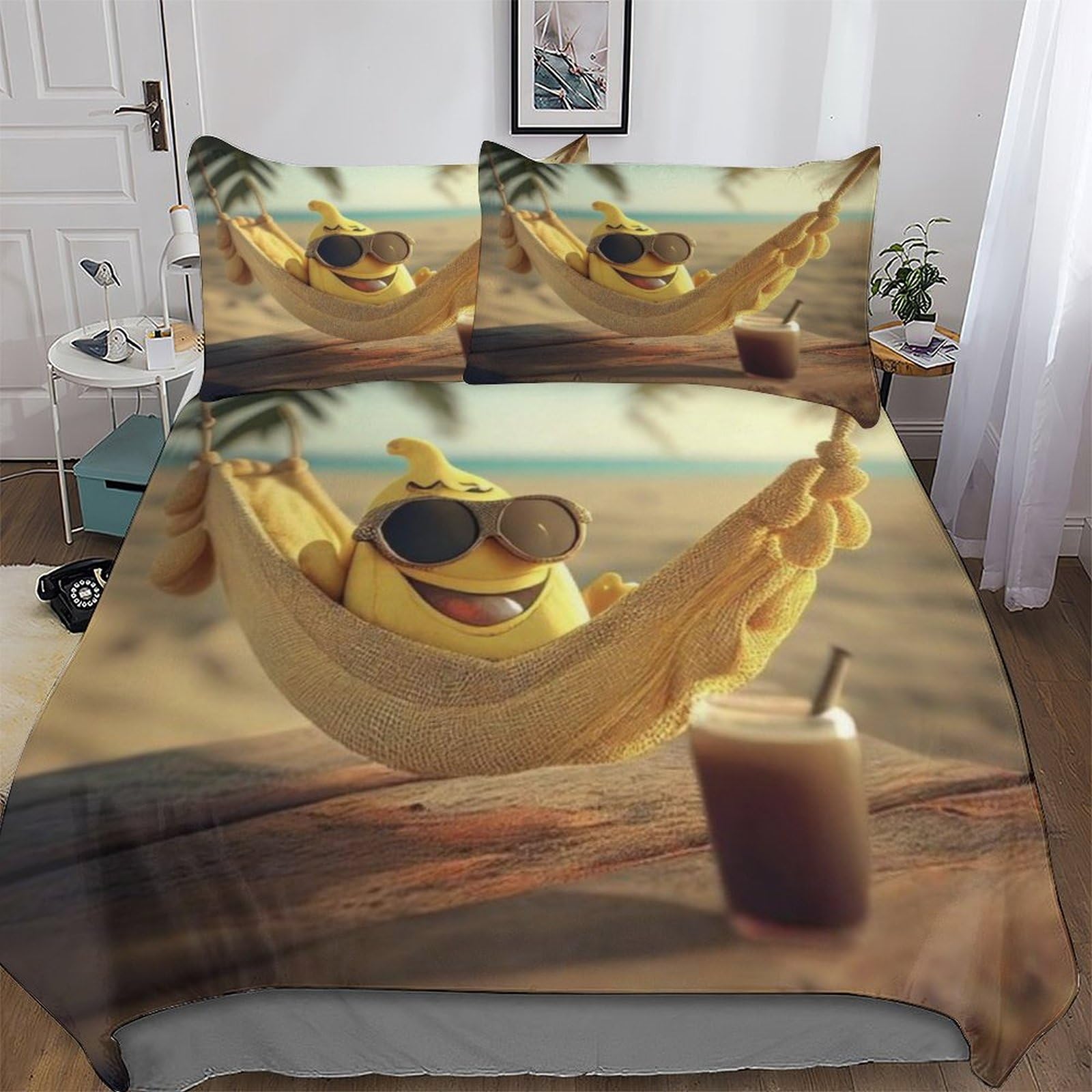 Parure de lit King 220x240cm avec housse de couette et taie d'oreiller Banane