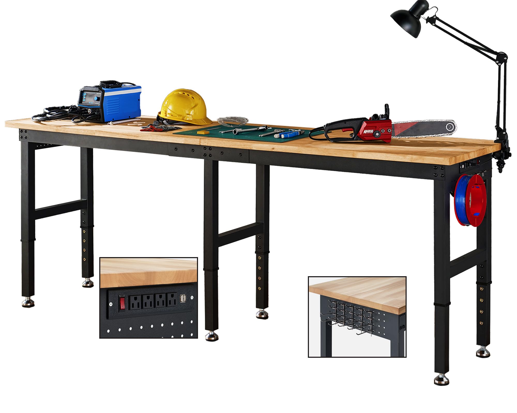 Albott 96x24 in Adjustable Workbench with Power Outlets, 2000 LBs Heavy Duty Wood Workbench with Hooks, Solid Rubber Wood Top for Garage, Workshop, Woodworking, Home Office