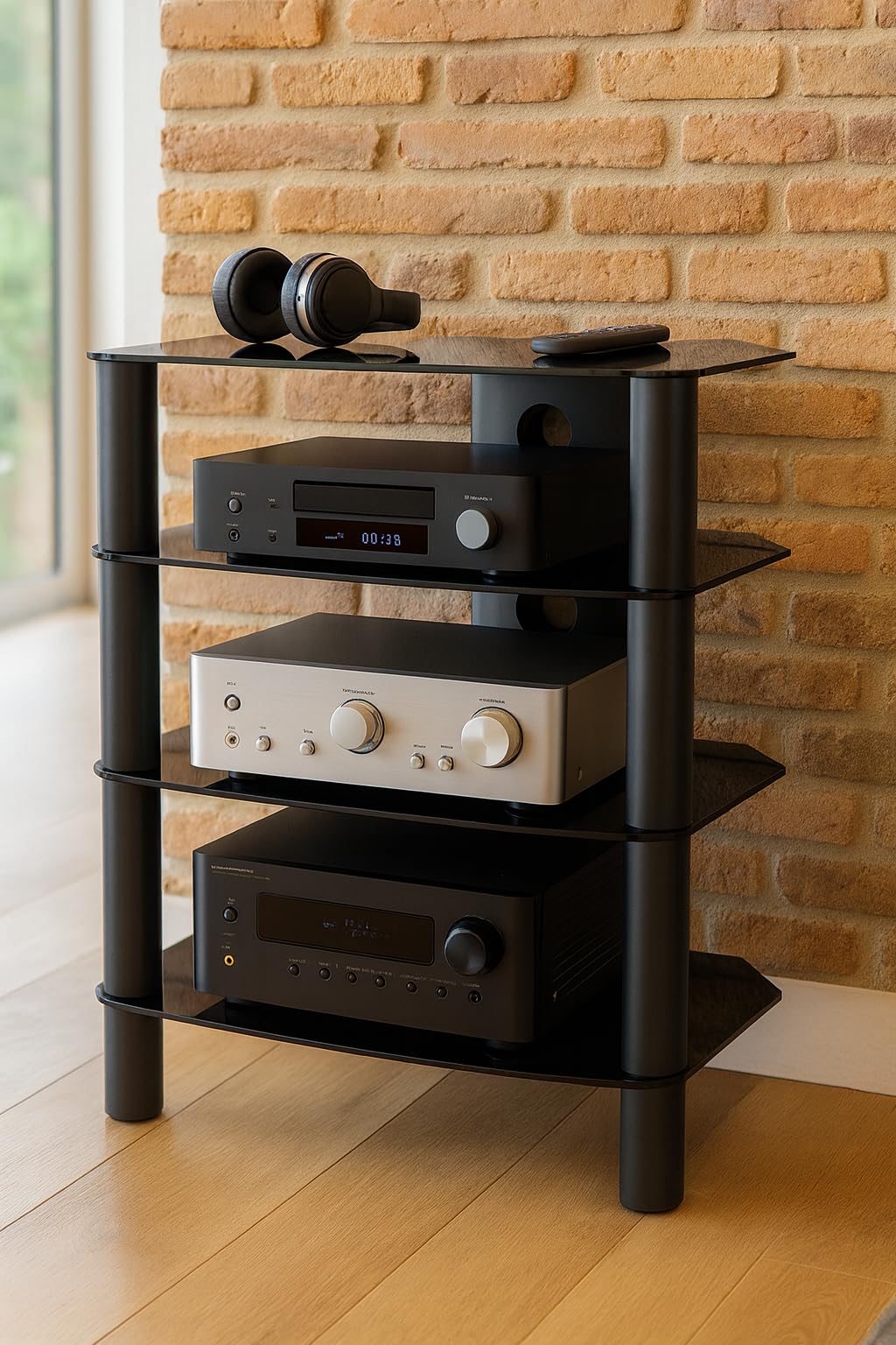 RO&CO Sonorous RX-2140-BLK Rack HiFi Premium Negro | Vidrio Templado Negro Brillante y Aluminio Negro | Mueble Audio para Amplificador, Tocadiscos y DAC | Sistema Ocultacables