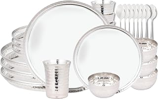 28-Piece Stainless Steel Kitchen Dinnerware set ~ Service for 4, Hammered Dinner ware set (Heavy, 9 Lbs set)