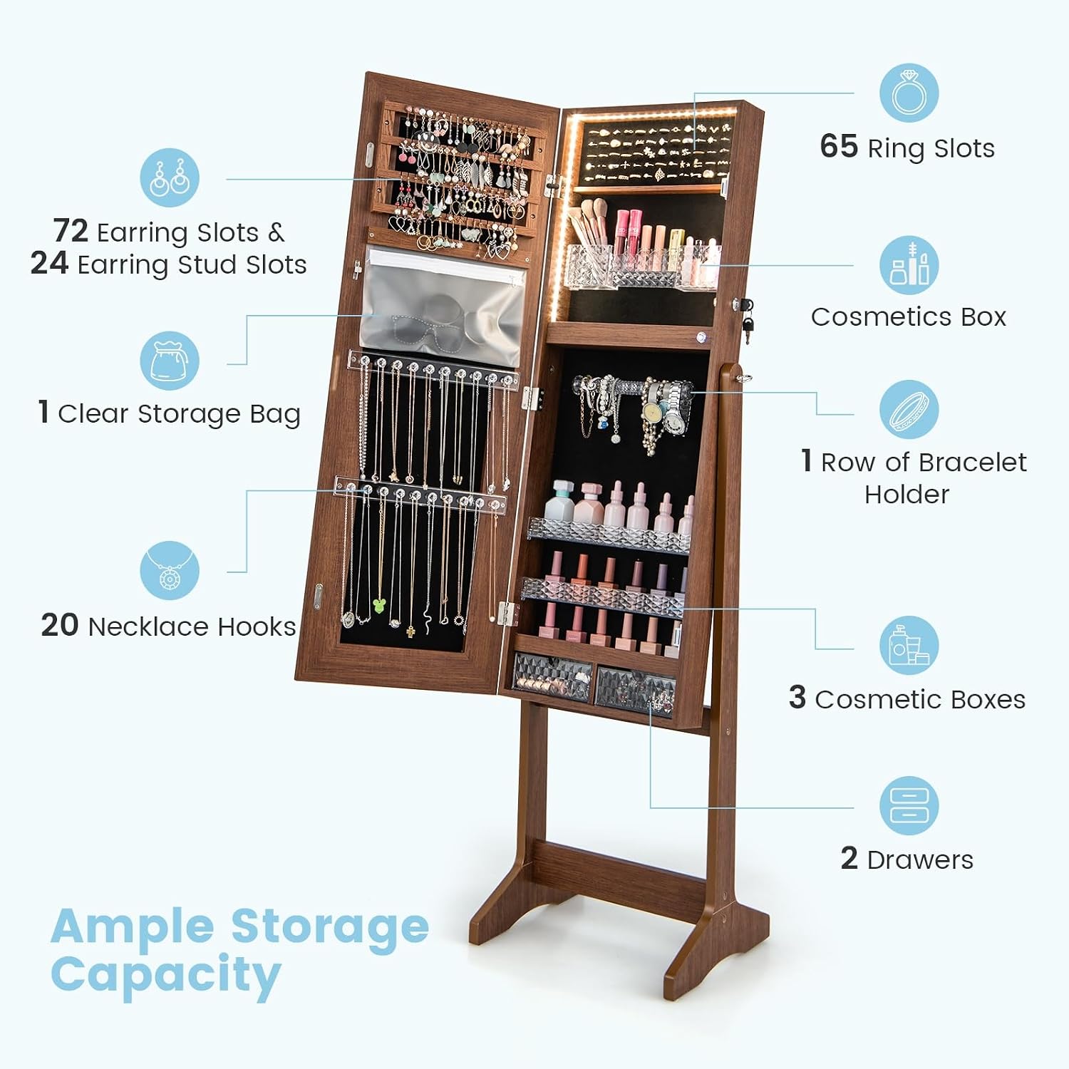 GOFLAME Jewelry Cabinet Armoire with Full Length Mirror, Freestanding Jewelry Cabinet with 3-Color LED Lights, Built-in Makeup Mirror, Lockable Jewelry Armoire for Bedroom, Cloakroom (Walnut)
