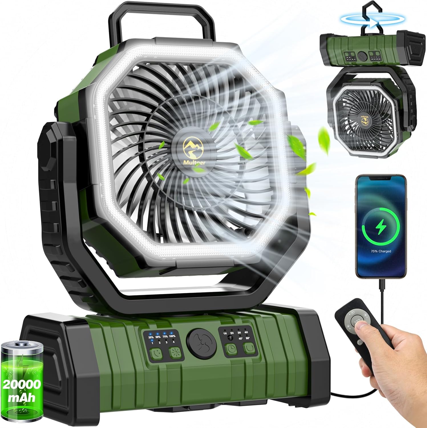 20000mAh Rechargeable Portable Camping Fan, USB Battery Operated Powered Shaking Head Fan with LED Lantern, 4 Speed 4 Timing Oscillating for Camping with Remote & Hook for Fishing,Travel, Jobsite