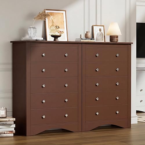 Miniatura 5 de Flamaker Cómoda alta para dormitorio, cómoda de 5 cajones, cómoda de madera, cómoda ancha, cajones de almacenamiento, organizador de almacenamiento