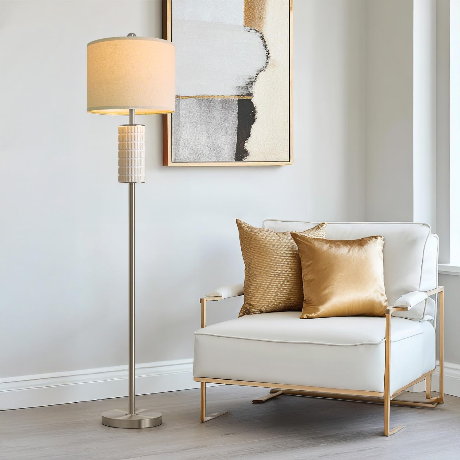 PoKat Ceramic Floor Lamps with Remote, 64" Modern Floor Lamps for Living Room with Stepless Dimmable Colors Temperature, Tall Standing Lamp for Living Room Bedroom Office, 9W Bulb Included, Silver