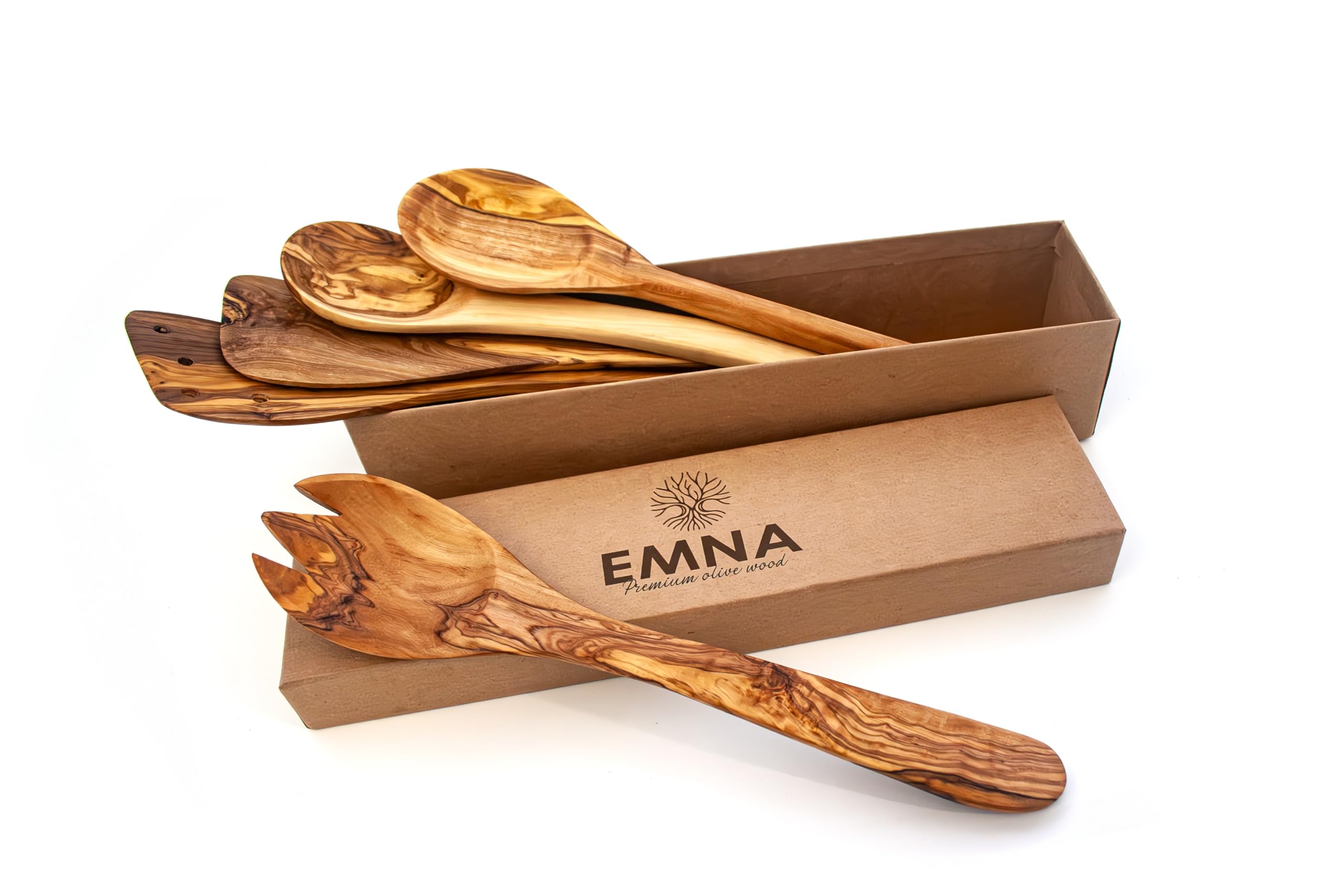 EMNA - 5-teiliges Olivenholz Küchenset | Das perfekte Geschenk für anspruchsvolle Feinschmecker | Geschenkset | Hauch von Eleganz für den kulinarischen Genießer | Handgefertigt | besondere Kochmomente