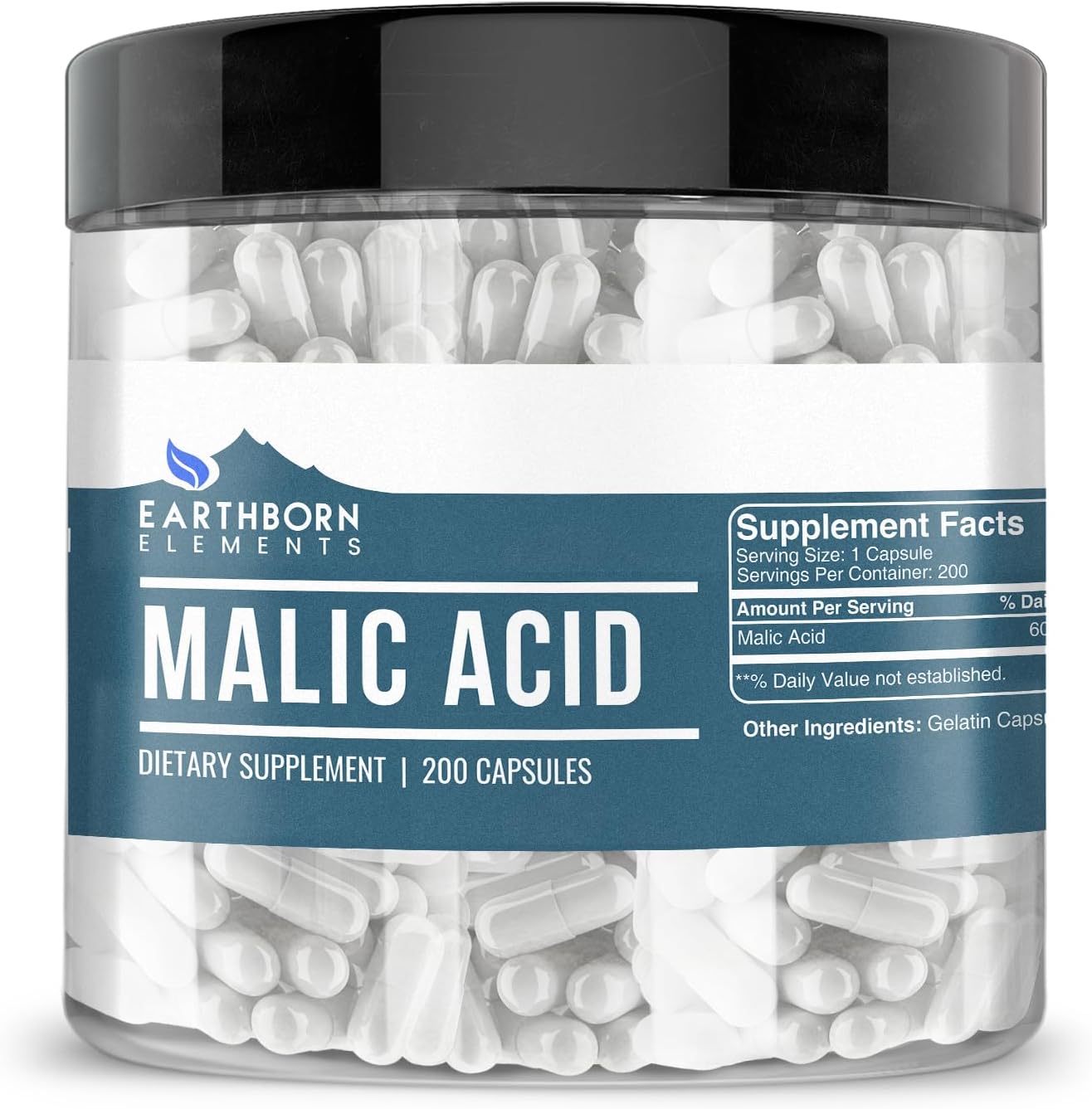 Earthborn Elements Malic Acid, 200 Capsules, Pure & Undiluted, No Additives