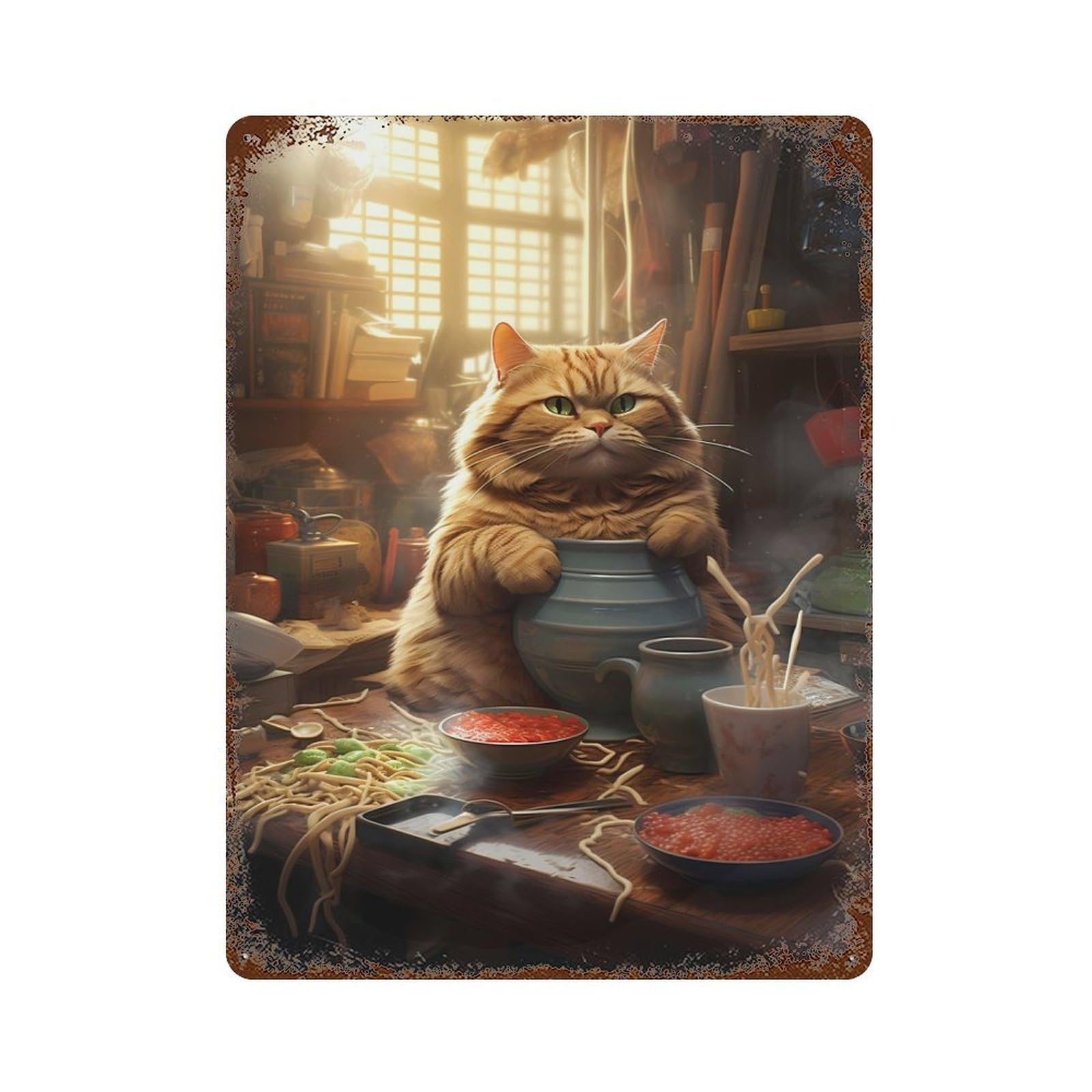 Fat Cat Noodles Ramen Food Vintage Wall Sign 15.7"x11.8", Rust Effect Metal Decor for Living Room, Hallway And Home Decor