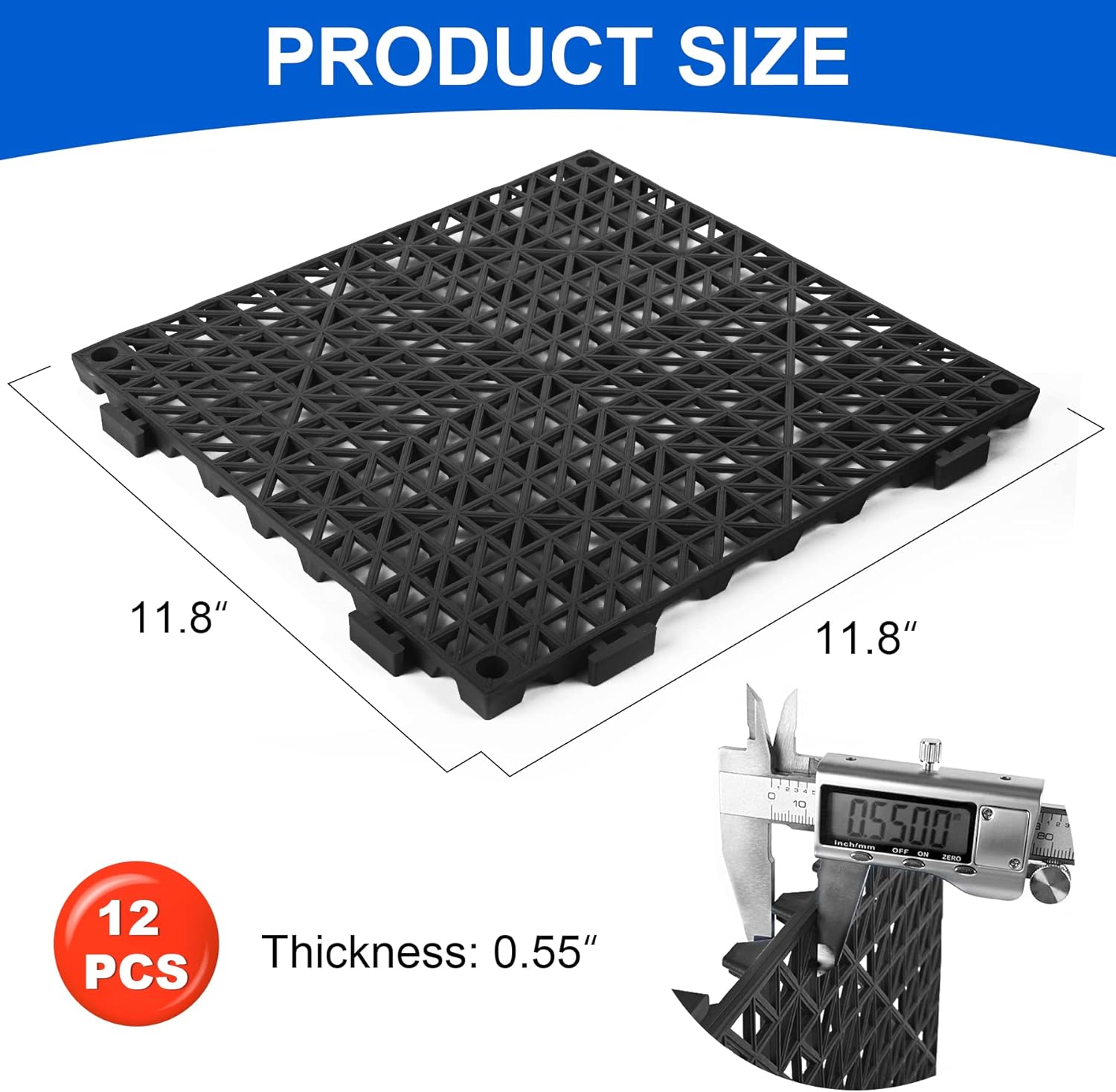 MYFAMIREA Modular Interlocking Cushion 12 Pack 11.8" x 11.8" Rubber Floor Tiles Non-Slip Splicing Drainage Mats for Deck, Pool, Outdoor Shower, Patio, Balcony, Indoor Bathroom, Kitchen, Yard (Black)