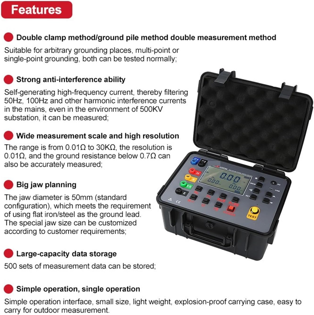 Megohmmeter, Double Clamp Ground Resistance Meter 0-30 KΩ Megometer Esr Tester Ohm Meter Data Storage for Motor Drive