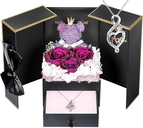 Miniatura 128 de ADDWel Rose Gifts for Women - Preserved Real Roses Forever Purple Flowers with I Love You in 100 Languages Necklace and Cute Moss Bear for