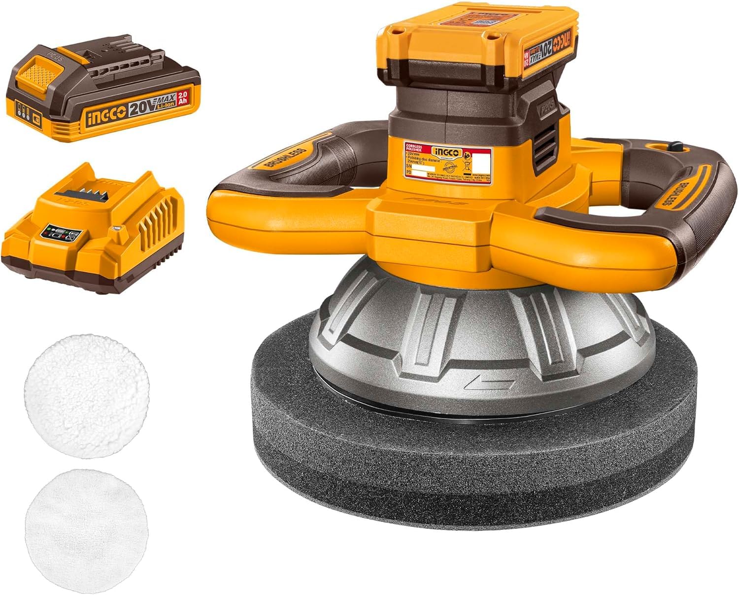 INGCO 20V Cordless Car Polisher And Buffer, Brushless Motor, 2500RPM, 254mm Disc Polisher with 1Pcs 2.0Ah Battery and 1Pcs Charger-picture-26