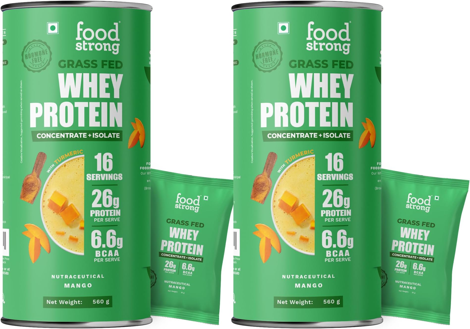 Foodstrong Whey Protein Powder (Concentrate + Isolate), 100% Hormone Free Grass-Fed Whey, 24G Protein & 6.6G BCAA, Mango, With Turmeric & Digestive Enzymes, 16 Sachets, 560G (Pack Of 2)