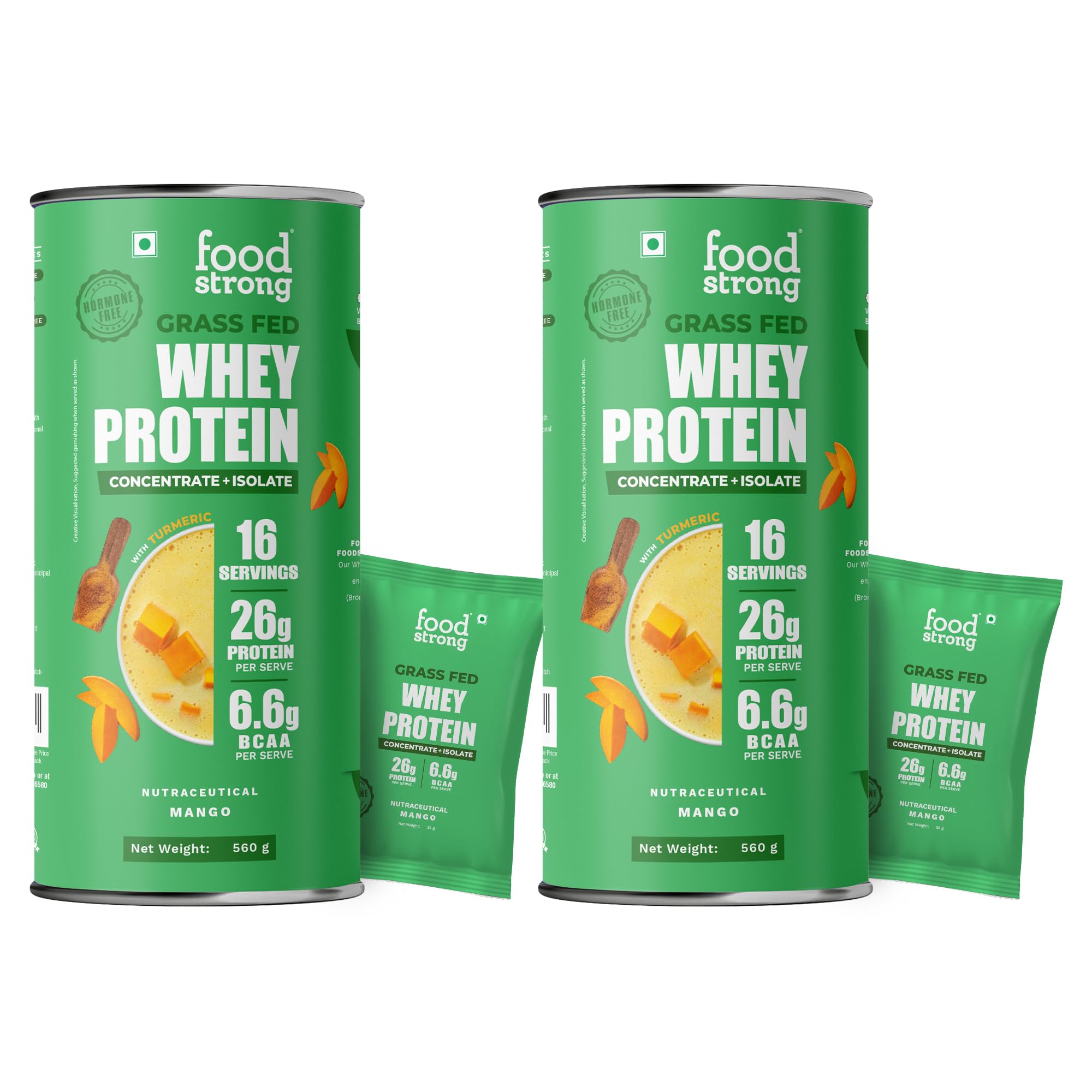 Foodstrong Whey Protein Powder (Concentrate + Isolate), 100% Hormone Free Grass-Fed Whey, 24G Protein & 6.6G BCAA, Mango, With Turmeric & Digestive Enzymes, 16 Sachets, 560G (Pack Of 2)