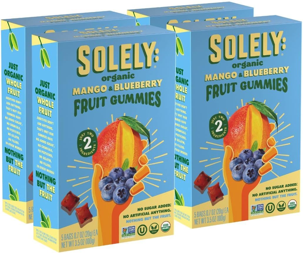 SOLELY - Organic Mango & Blueberry Whole Fruit Gummies (Pack of 4 Boxes, 5 Bags per Box) - Real Fresh Fruit - Healthy Snacks for Adults & Kids - Non GMO, Vegan Snacks, Shelf Stable - 20 Bags (3.5 oz)