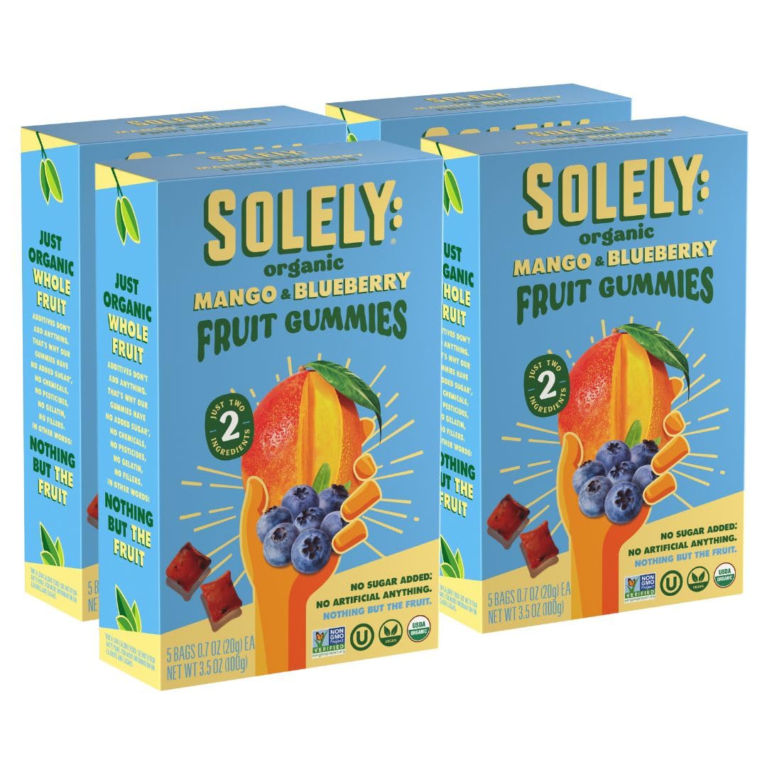 SOLELY - Organic Mango & Blueberry Whole Fruit Gummies (Pack of 4 Boxes, 5 Bags per Box) - Real Fresh Fruit - Healthy Snacks for Adults & Kids - Non GMO, Vegan Snacks, Shelf Stable - 20 Bags (3.5 oz)