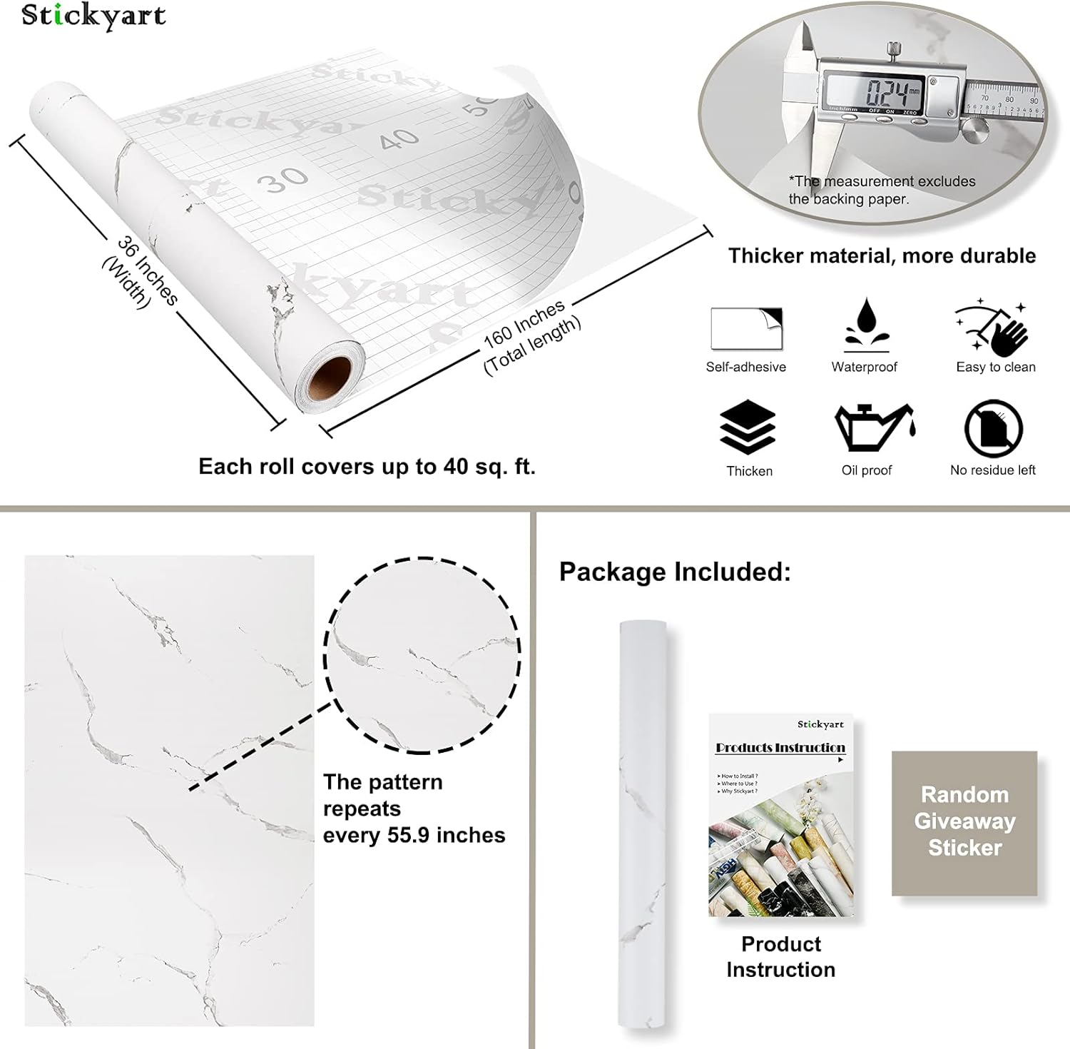 Stickyart 36"x160" Matte White Marble Countertop Contact Paper - Self Adhesive Vinyl Film for Furniture, Granite Look, Decorative Kitchen Backsplash, Waterproof, Removable