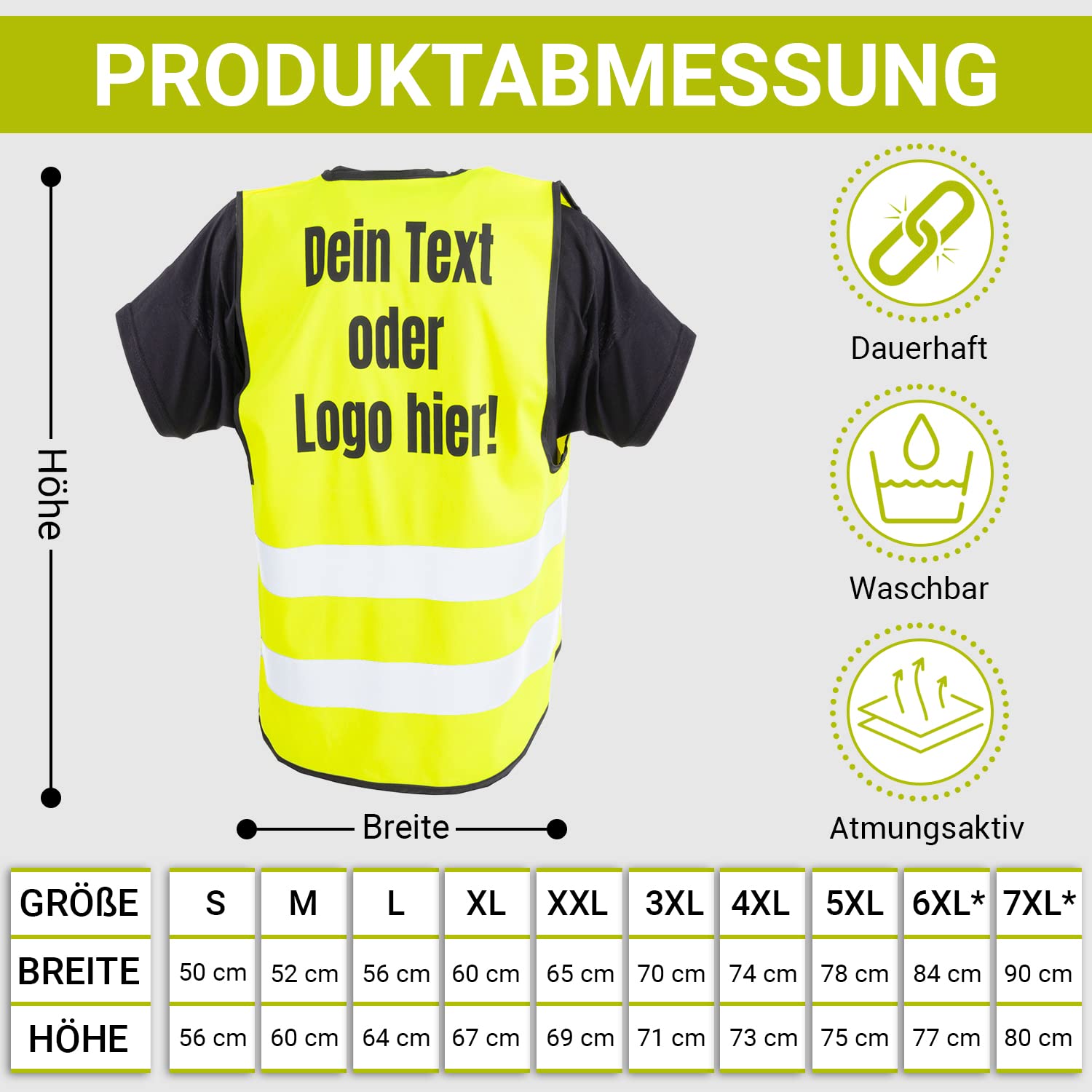 Warnwesten bedrucken lassen mit Ihrem Logo oder Text. Druck mit Hochwertiger Flex Folie, oder in Weiß Kein verwaschen vom Aufdruck möglich. In den Farben Orange und Gelb