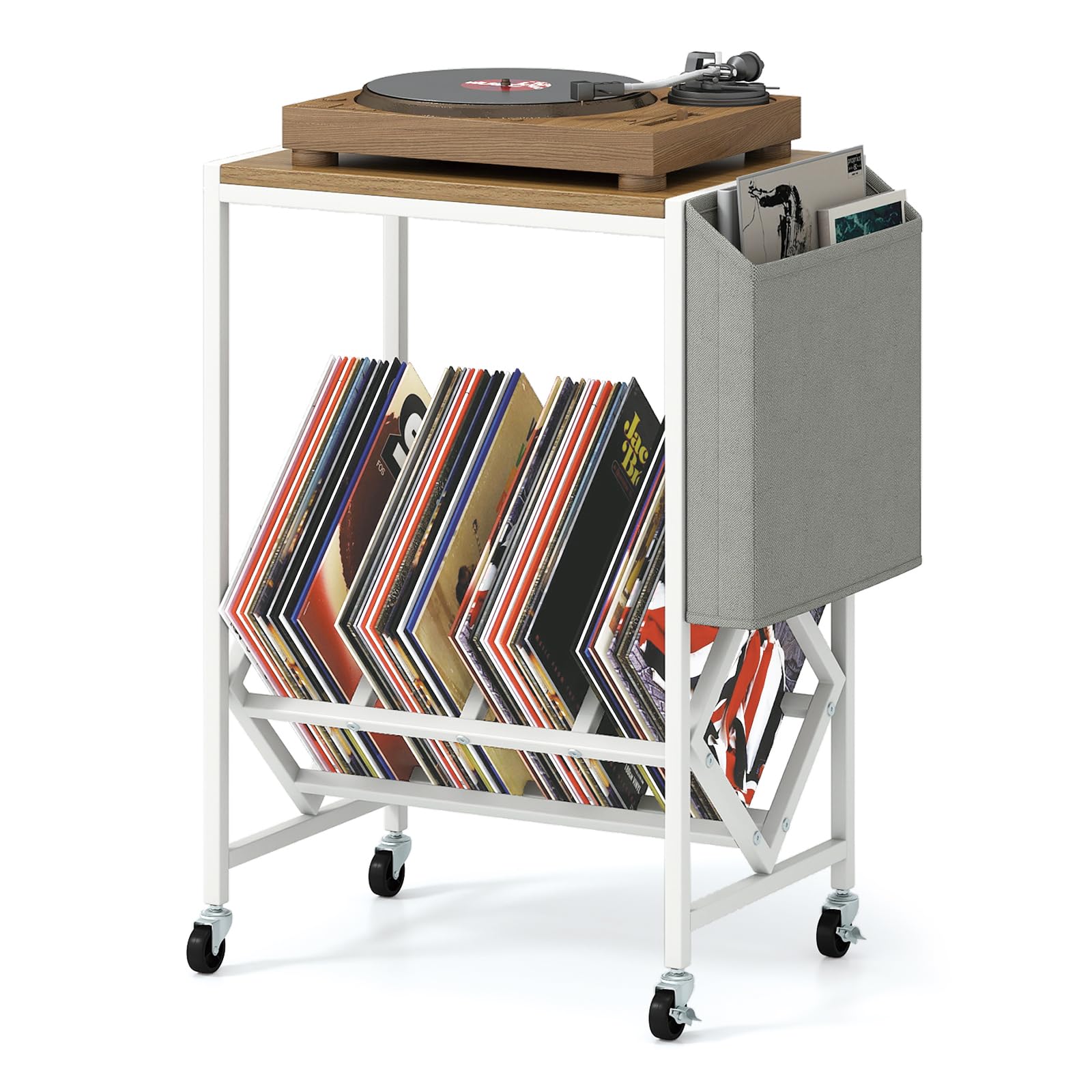 COSTWAY Plattenspieler Regal, Schallplattenregal mit Vinylaufbewahrung & Zeitschriftenhalter, Schallplattenständer mit feststellbaren Rollen, Beistelltisch für Wohnzimmer, Schalfzimmer (Weiß)