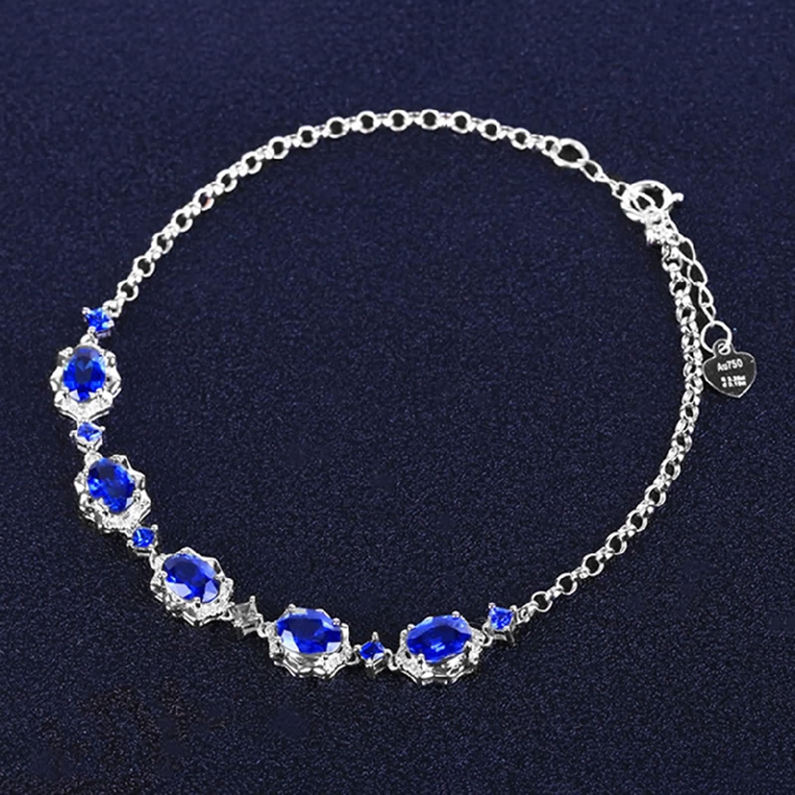 Pulseras Mujer de Oro Blanco 9K / 14K / 18K, Oval con Zafiro Creado de 2,9 ct y Moissanita, Cadena Extensible 16 CM + 5 CM, Pulseras de Plata Azul para Ajustable Mujer