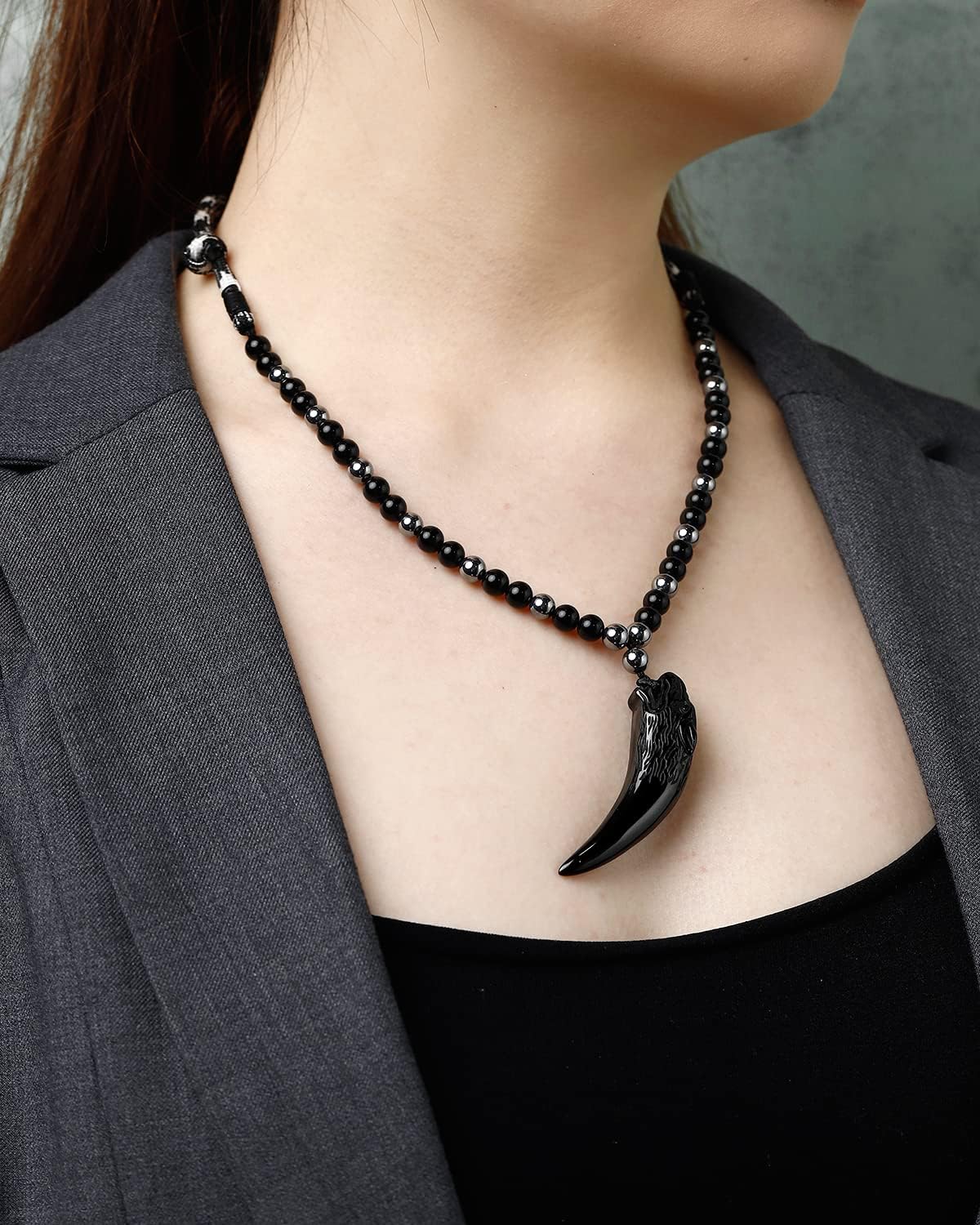 Wolf Tooth Obsidian Pendant Couples Necklace Beads Chain Crystals Protection Necklaces for Women and Men Unisex Jewelry - Image 3