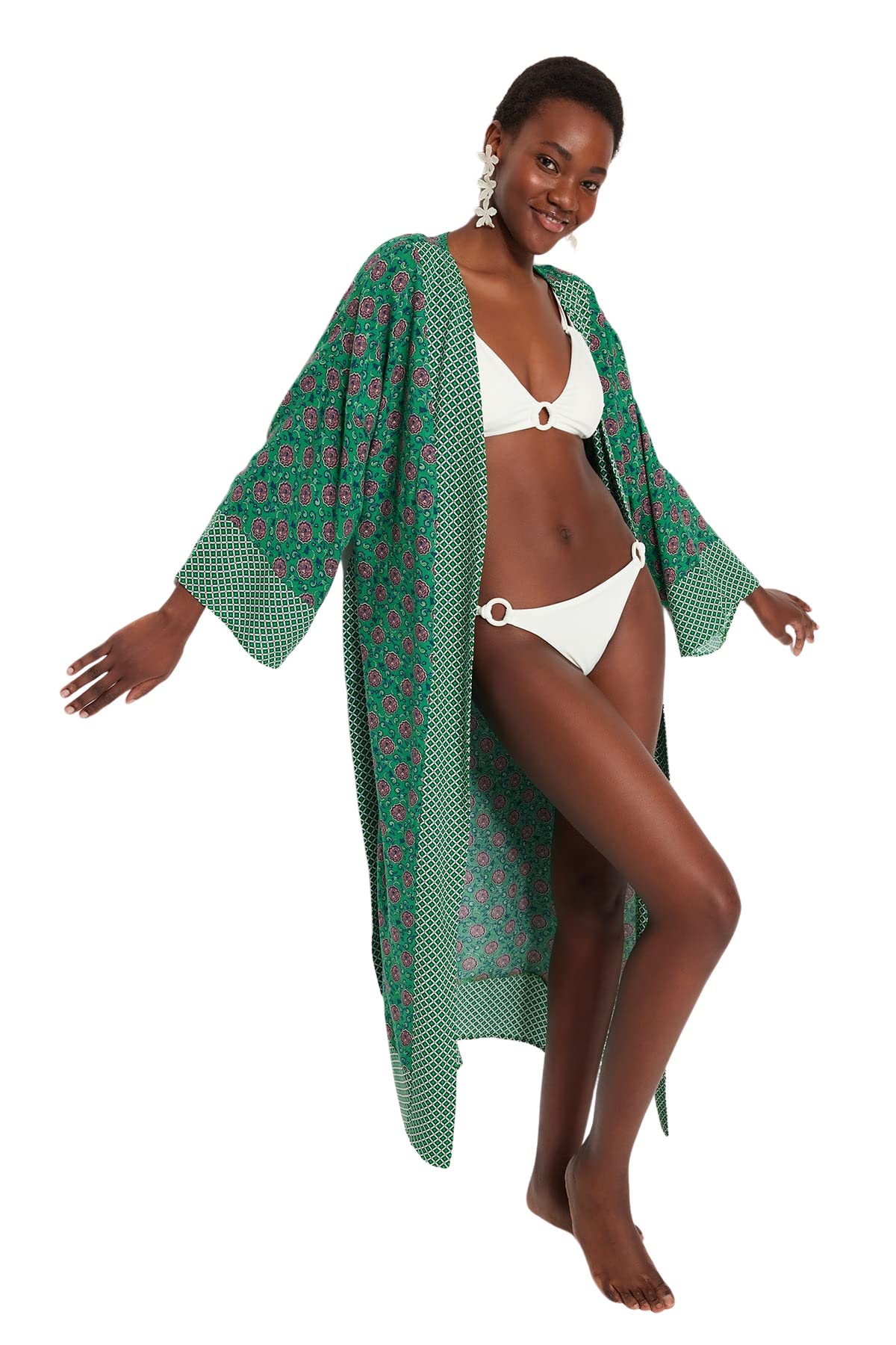 Trendyol Women Beachwear Relaxed Basic V Neck Woven Kimonos & Kaftans,Green,M
