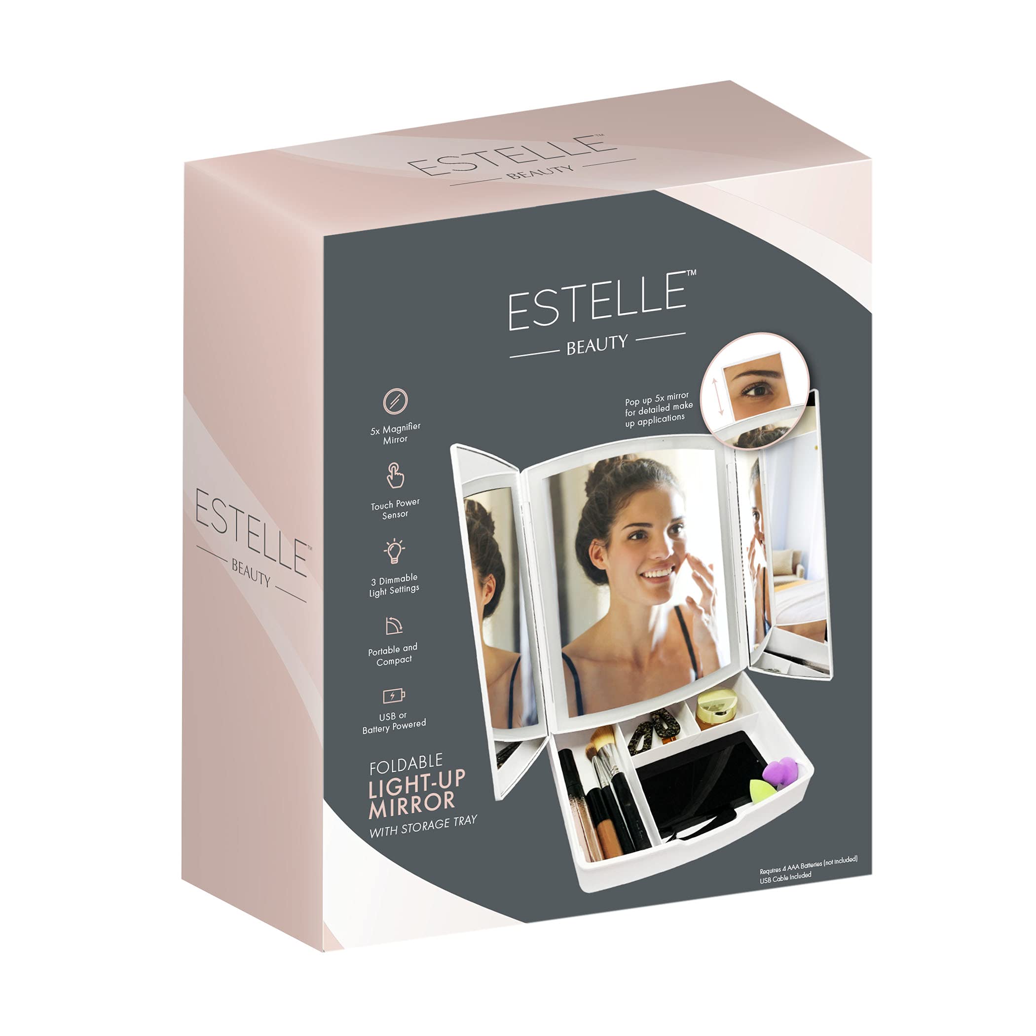 IdeaWorksEstelle - Tri-Fold Foldable Light-up Mirror with Storage Tray - 4 Compartments - 5X Magnifying - Perfect for Travel and Storage