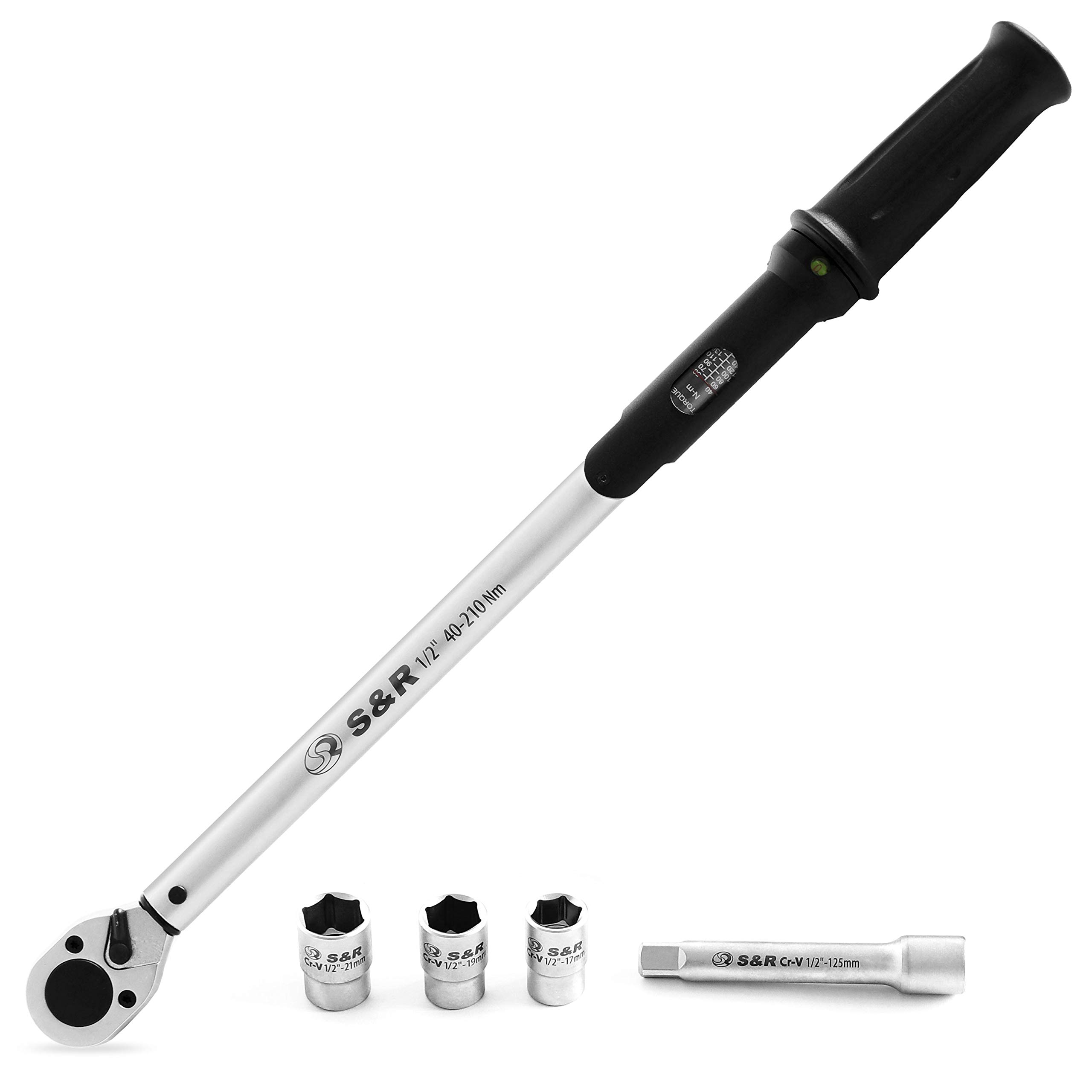 S&RTorque Wrench 1/2", 40–210 Nm – 560mm Length, Calibrated to ±4% Accuracy – Certified DIN 6789, with 3 CRV Sockets & Extension – Automotive & Workshop Use