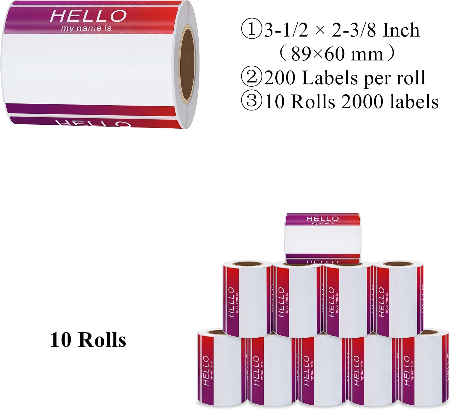 Hello My Name is Stickers Colorful Name Tag Stickers for Themed Party School Office Home Kids Badge Label 3-1/2×2-3/8 Inch Gradient Color - 200 Labels Per Roll（10 Rolls）