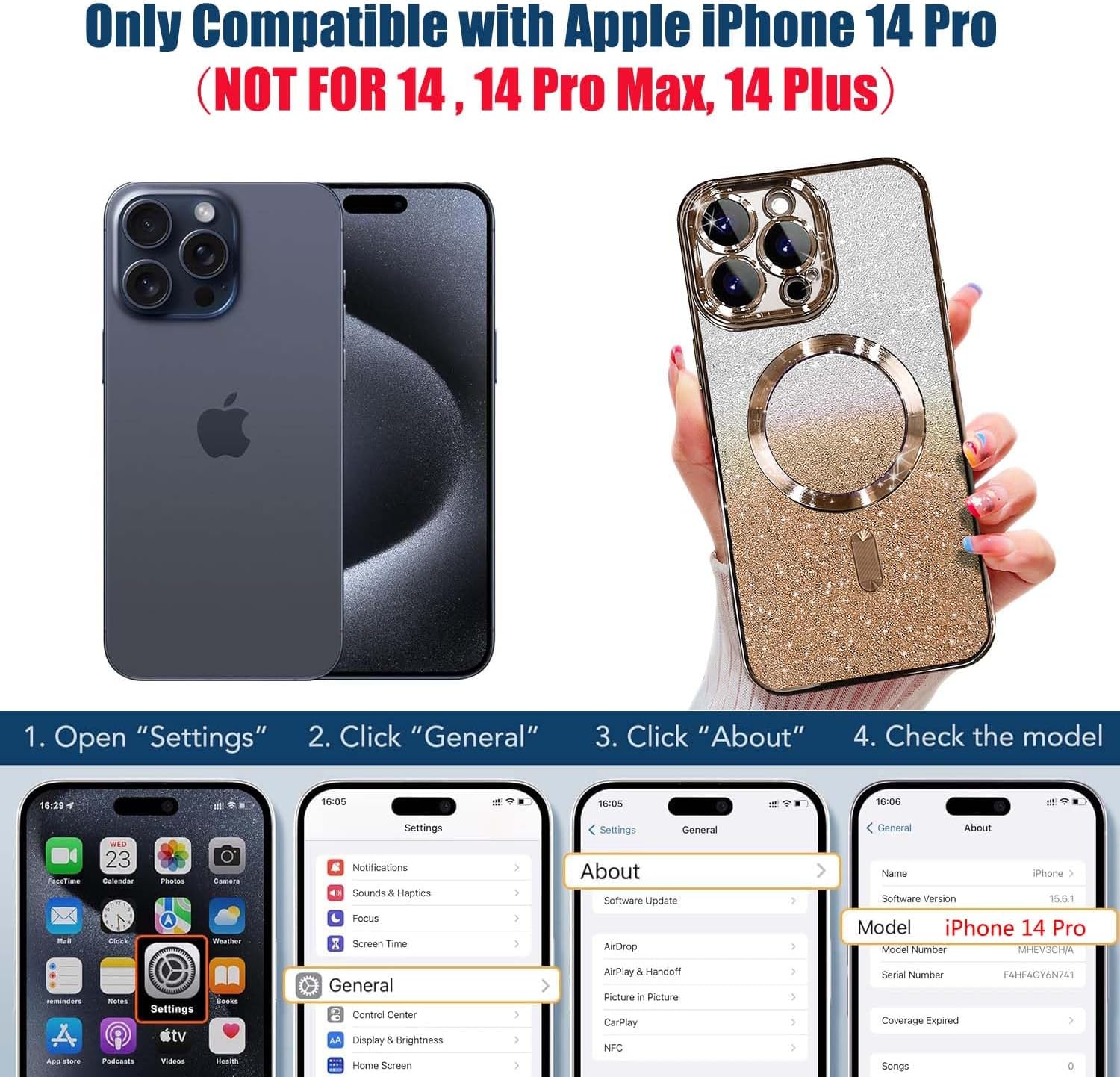 Misscase Compatible with iPhone 14 Pro Magnetic Glitter Case with Camera Lens Protector Full Protection Case Compatible with MagSafe Elegant Anti-Scratch Case Cover for iPhone 14 Pro Gold - Image 2