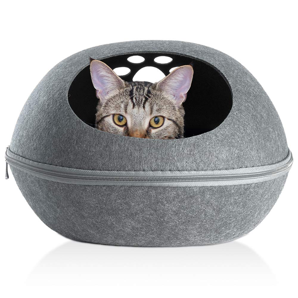 Amazon Com Furhaven Pet Cat Bed Furniture Paw Print Cutout Felt Pet House Private Den Hideout Oval Pet Bed For Cats And Small Dogs Heather Gray One Size Pet Supplies
