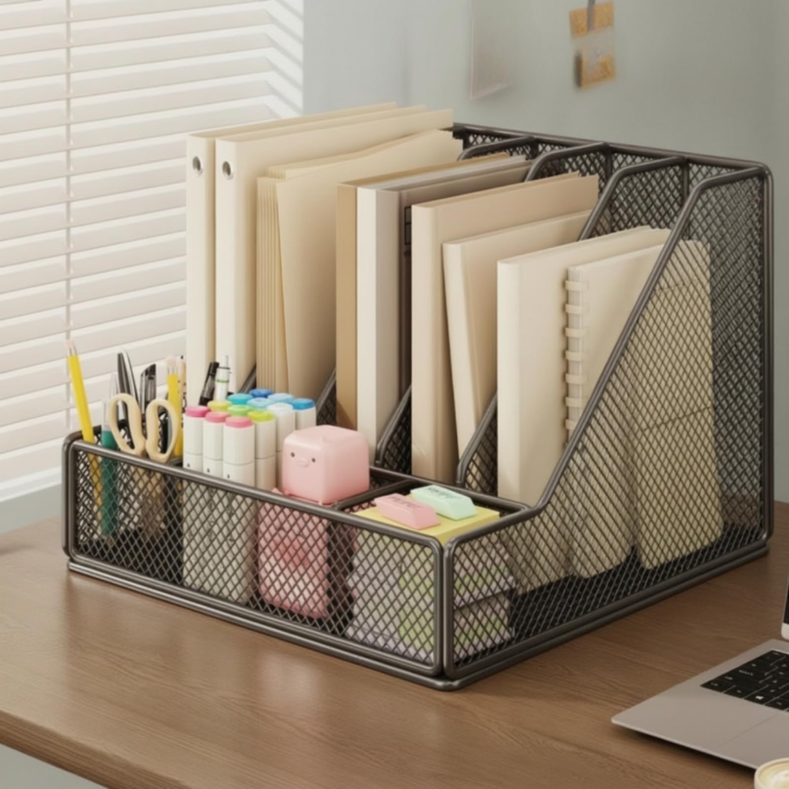 Office Document Organizer Portadocumenti da Scrivania Organizer Supporto Vassoio Struttura in Metallo a Rete con Scomparti Verticali E Vassoio