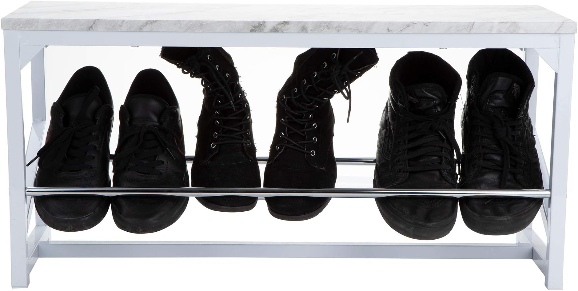 Mind Reader MARBENCH-WHT 2 Tier Bench, Organizer, Storage Shelf with Cushion for Sitting, Marble Print, Shoe Rack for Entryway Hallway Bathroom Living Room and Corridor, White