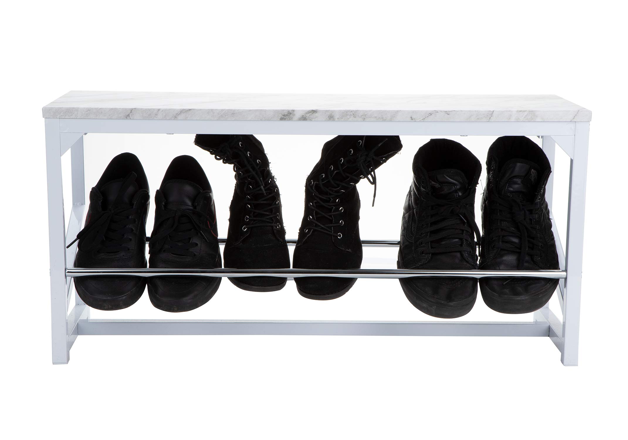 Mind Reader MARBENCH-WHT 2 Tier Bench, Organizer, Storage Shelf with Cushion for Sitting, Marble Print, Shoe Rack for Entryway Hallway Bathroom Living Room and Corridor, White