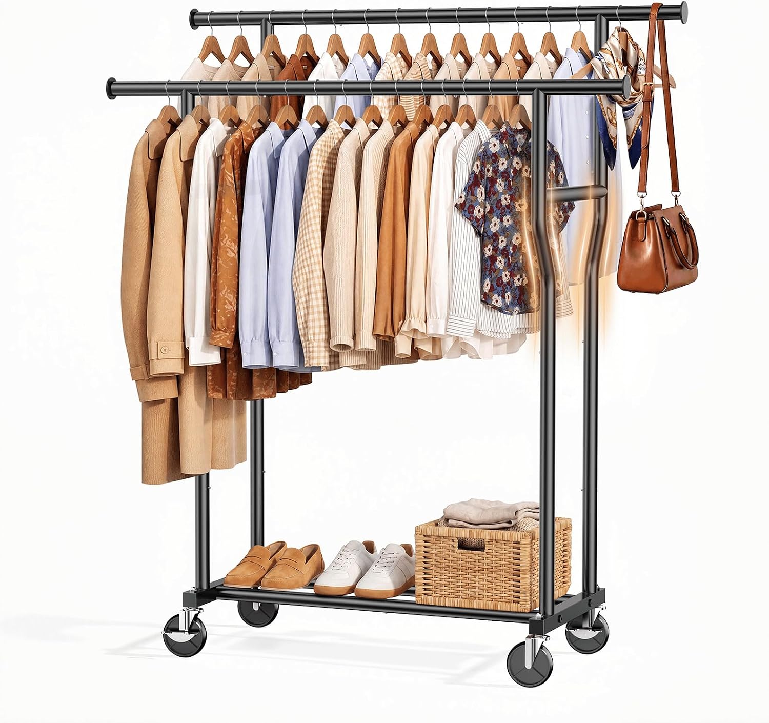 Clothes Rack, Double Rods Rolling Clothing Rack for Hanging Clothes Load 260 LBS Closet Rack with Wheels, Metal Portable Garment Rack for Bedroom Laundry Living Room, Black