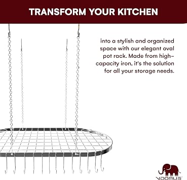 Vdomus Hanging Pot Rack - Ceiling Mount Kitchen Organizer for Pots and Pans with 15 Hooks - 33 x 17 Inches Heavy-Duty, Durable and Space-Saving Pan Holder - Silver