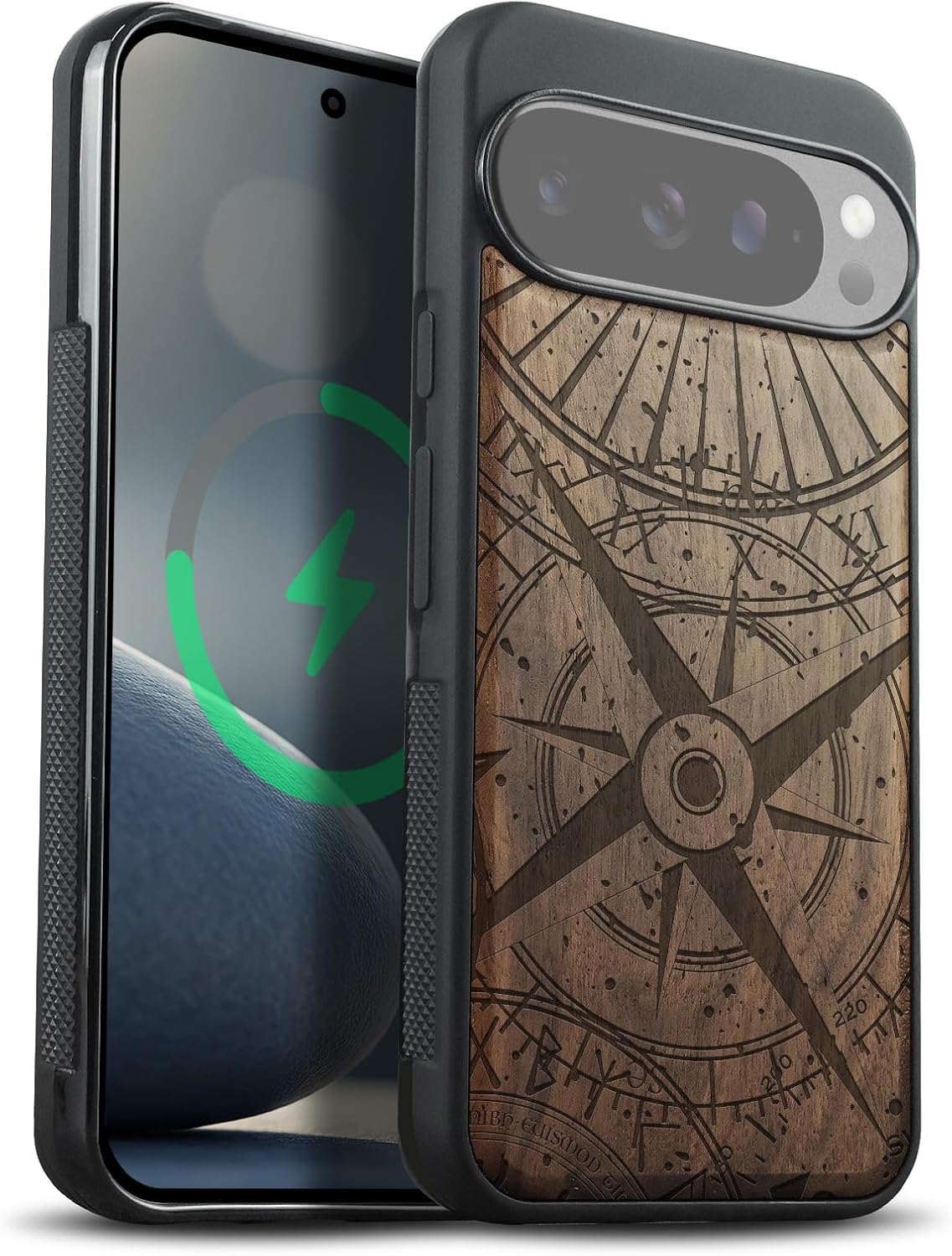 Carveit Magnetic Wooden Case for Google Pixel 10 Pro XL Case, Wood Artisan Engraved & Soft TPU Shockproof Cover, Compatible with MagSafe Wireless Chargers (Compass Rose Voyager) Blackwood