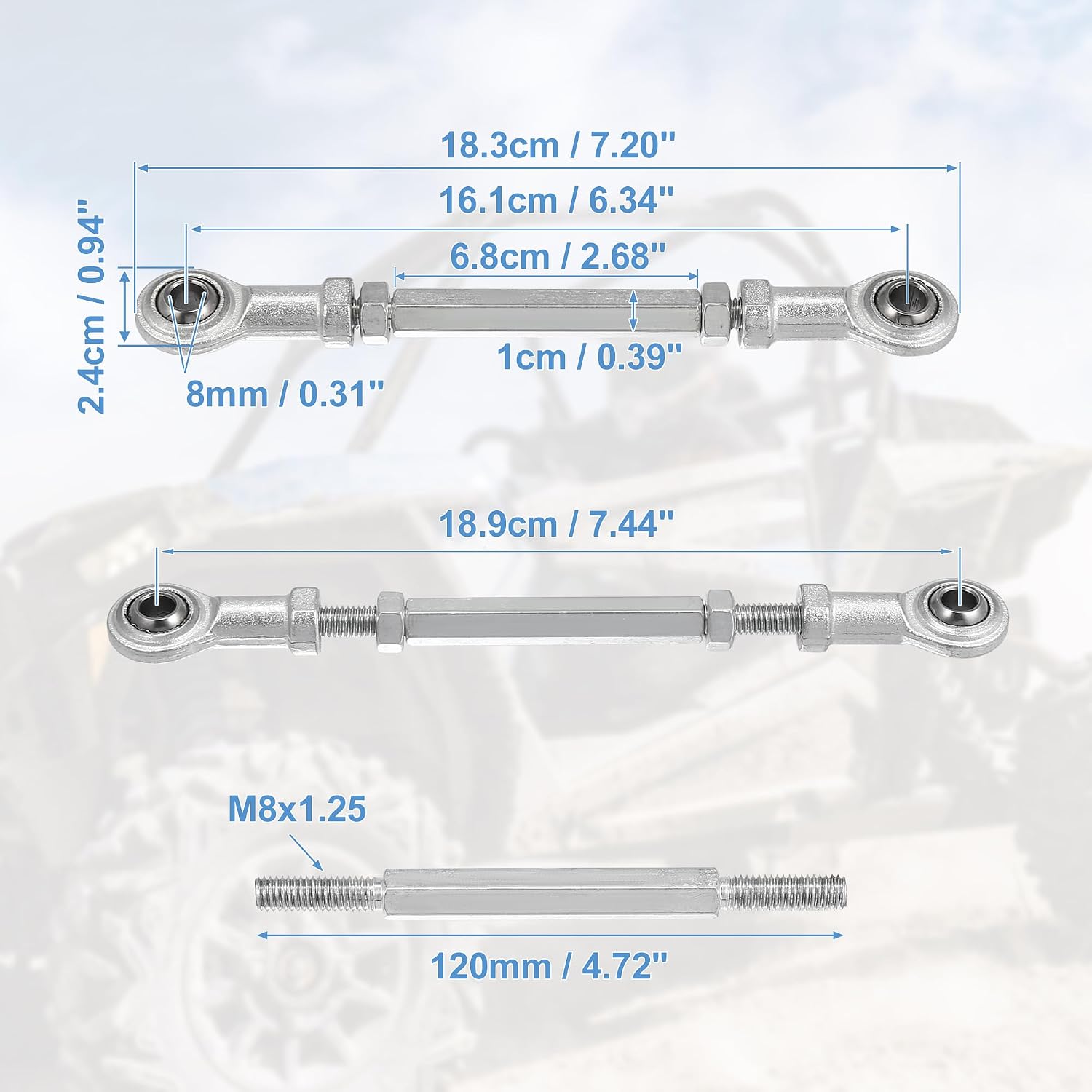 Motoforti 2pcs 120mm Length 8mm Hole Diamete Adjustable Steering Tie Rod Ball Joint for 49cc Electric ATV Go Kart Accessory Steering Column Steering Suspension Silver Tone