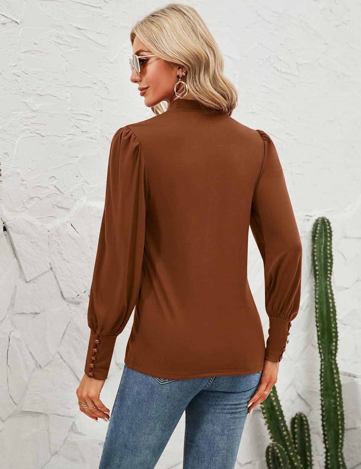 Qirno Womens Mock Neck Puff Long Sleeve Tops Casual Loose Solid Basic T Shirt Button Cuffs Pullovers Shirts Blouse - Image 6