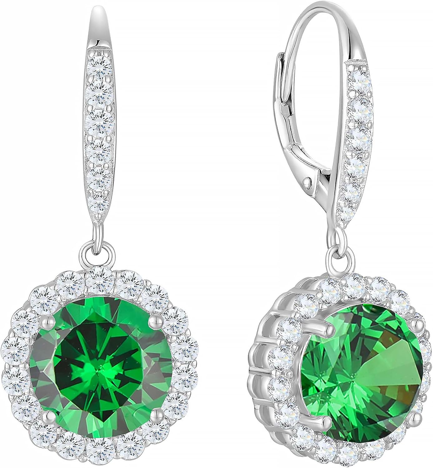 Round Halo Dangle Earrings for Women Sterling Silver Leverback Drop Earrings Birthstone Jewelry