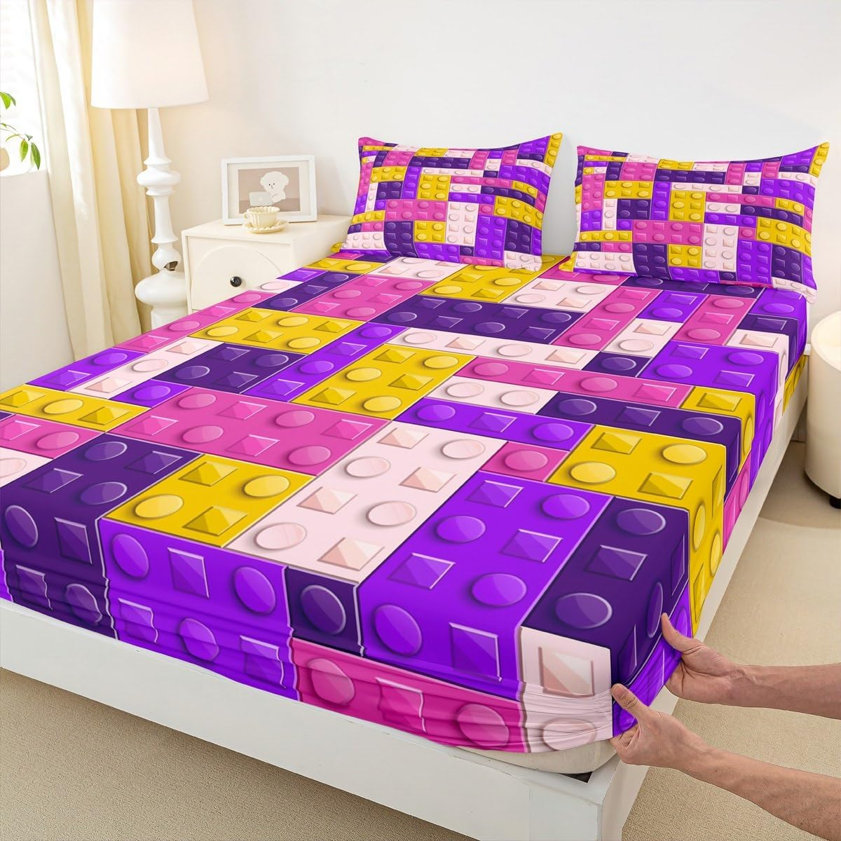 Feelyou Colorful Toy Bedding Set Teen Women Men Funny Building Blocks Decor Bed Sheets King Size Kids Boys Girls Purple Yellow Geometric Brick Fitted Sheet Set Cute Games Room Decor image 5
