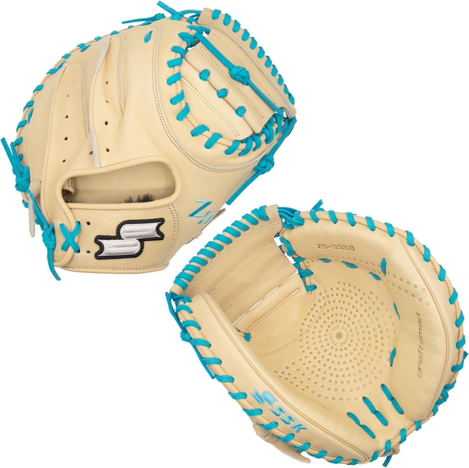 SSK Z5 Craftsman Baseball Catcher’s Mitt – 32.5” - 33” - 33.5” – Right & Left Hand Throw (Camel/Electric Blue, 33.5" - Left Hand Throw)