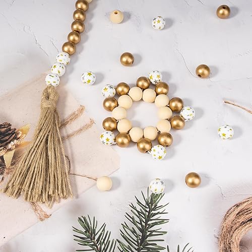 Miniatura 4 de 200 cuentas de madera de Navidad, manualidades, cuentas de madera, estampado de estrellas, estampado de nieve, madera roja, verde y dorada, cuentas
