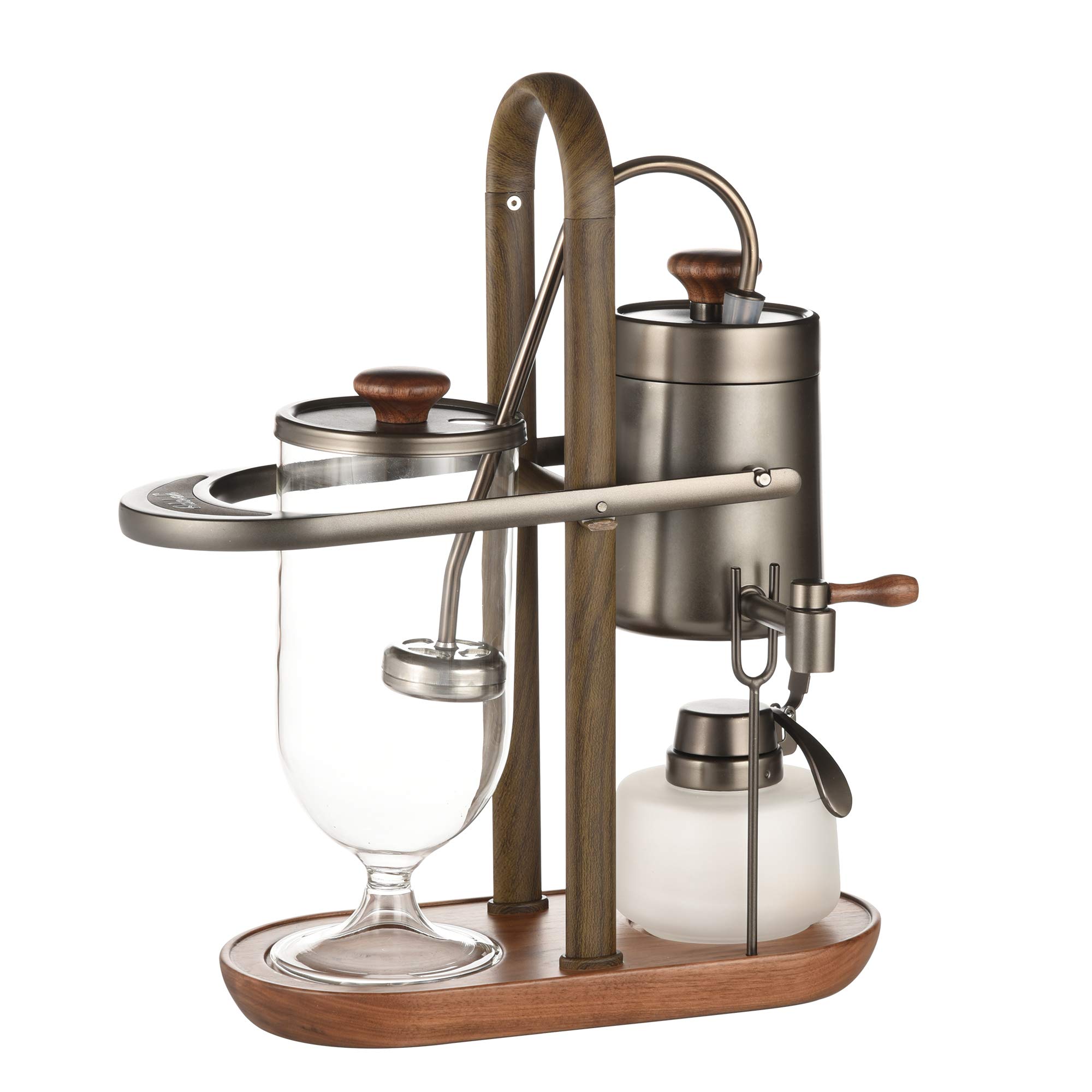 Belgian/Belgium Luxury Royal Balance Syphon Coffee and Tea Maker, Great Siphon Coffee & Tea Brewer, Elegant Wood Texture Fulcrum Natural Wood Base & Lid Knob, Obsidian Black