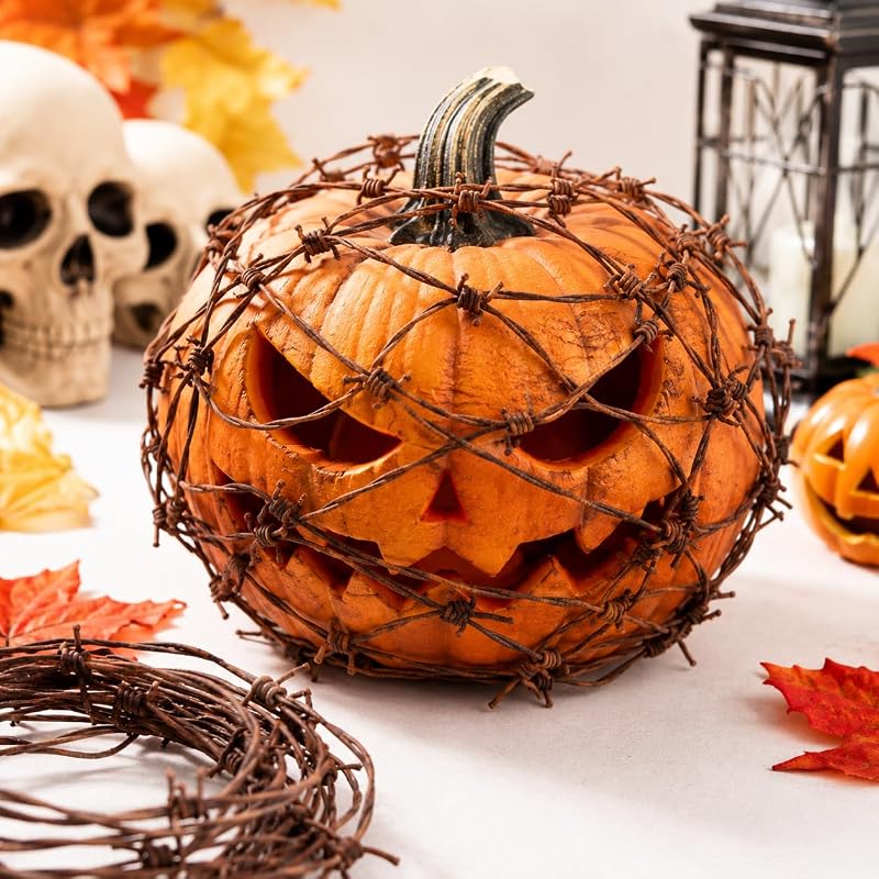 4 Pcs 362 Inch Fake Rusted Barbed Wire Garland Halloween Decorations, Rusty Barb Wire for Pumpkins Tombstones Skeleton Fence Haunted House Yard Decor, Western Cowboy Horror Party Supplies