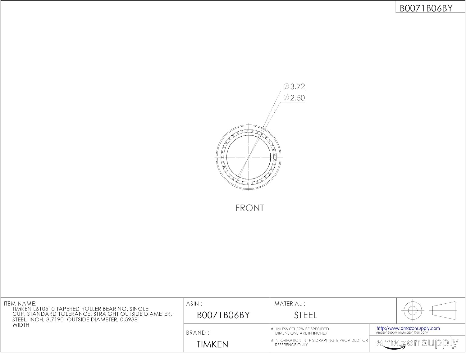 Timken L610510 Tapered Roller Bearing, Single Cup, Standard Tolerance, Straight Outside Diameter, Steel, Inch, 3.7190" Outside Diameter, 0.5938" Width