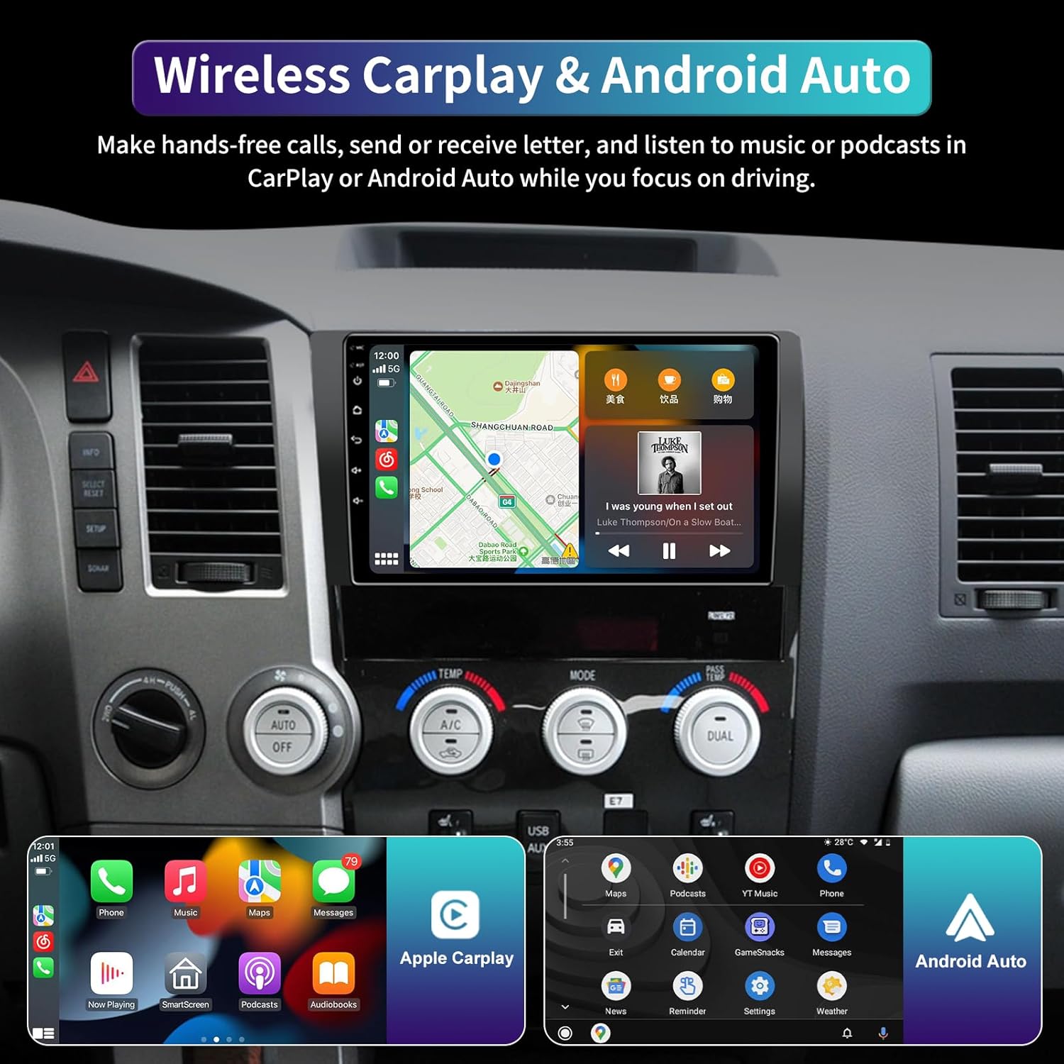 Android 13 Car Stereo for Toyota Tundra 2007-2013 Sequoia 2008-2018 with Wireless Apple Carplay & Android Auto, 10.2" Touch Screen Head Unit, GPS Radio, 4G RAM 32G ROM Bluetooth 5.0 5G WiFi FM RDS